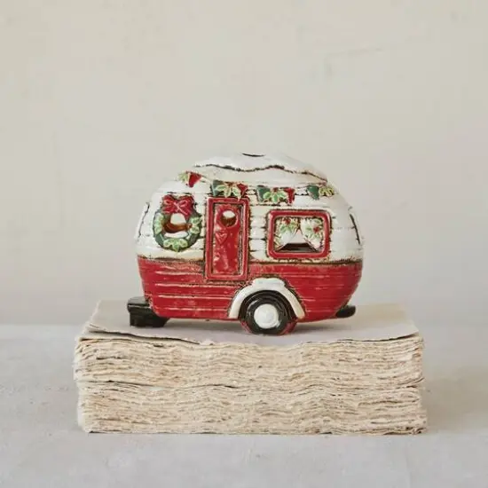 Hello Honey&reg; 7.25" Red, Cream & Green Hand-Painted Stoneware Camper with LED Lights & Reactive Glaze {3}