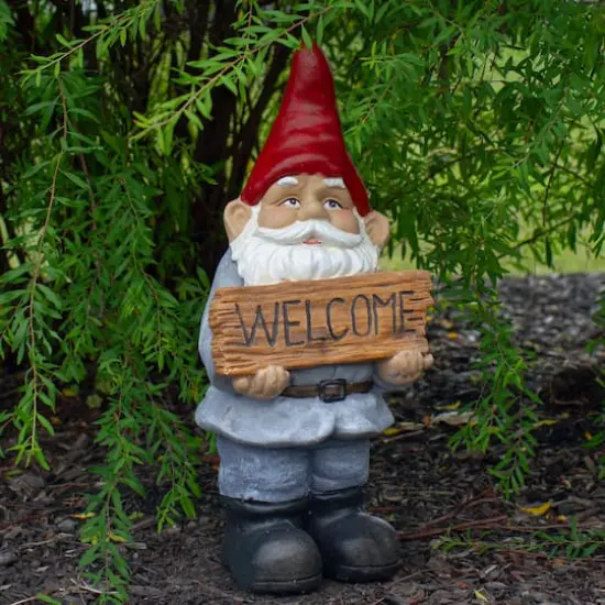 17" Gnome with Welcome Sign Outdoor Garden Statue {3}