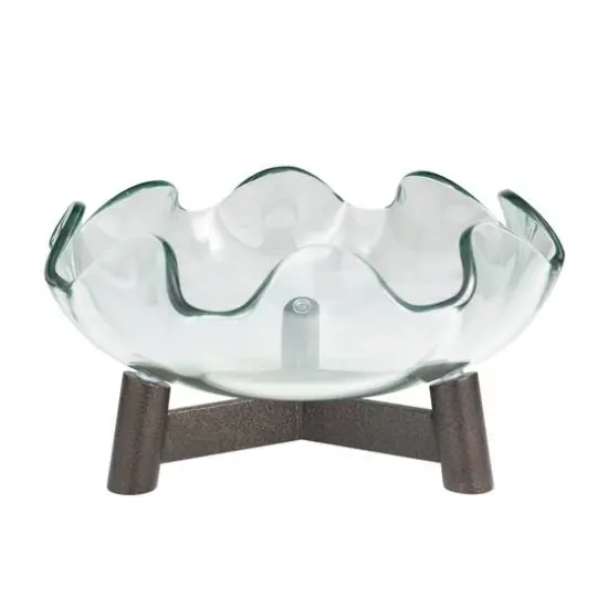 9" Clear Glass Floral Inspired Serving Bowl with Bronze Hammered Y-Shaped Stand {1}