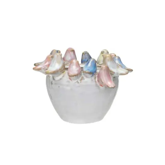 Hello Honey® 5" Multicolor Reactive Glaze Stoneware Planter with Birds on Rim {3}