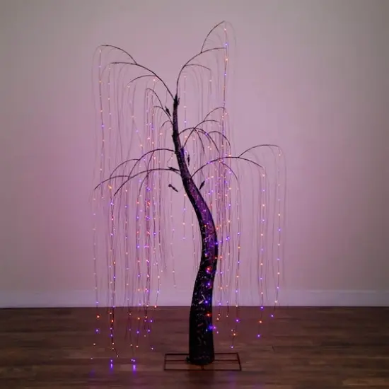 7ft. Pre-Lit Artificial Halloween Black Willow Tree with 600 Purple and Orange Dual Color LED Lights {12}