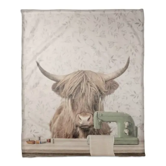 50" x 60" Cow at Desk Sewing Coral Fleece Blanket {1}