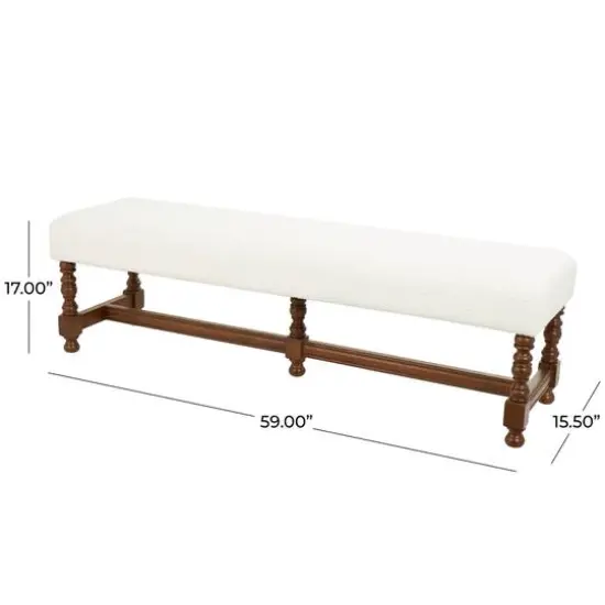 59" Cream Fabric Bench with Brown Traditional Wood Turned Legs {9}