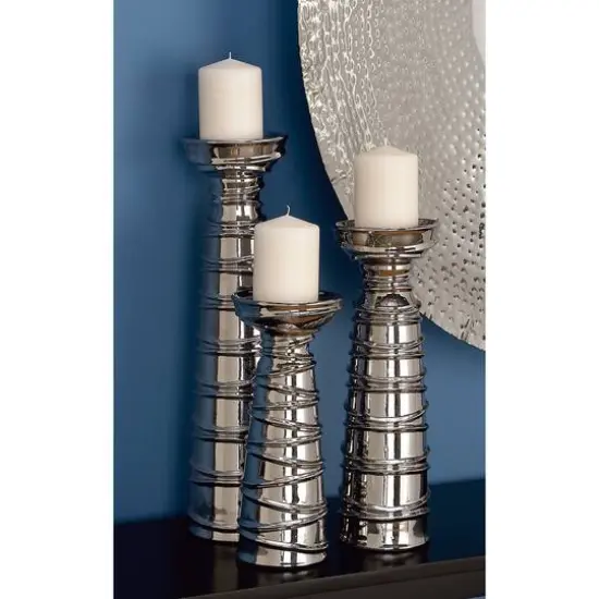 Silver Ceramic Contemporary Candle Holder Set {9}