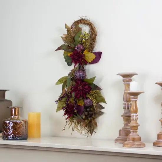 2.3ft. Autumn Harvest Mums with Pomegranate Autumn Grapevine Teardrop Swag {3}