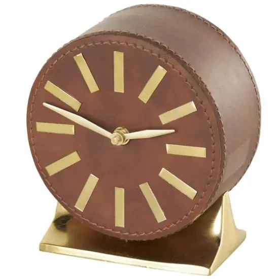 Faux Leather Round Decorative Clock with Rectangular Base Brown/Gold {1}