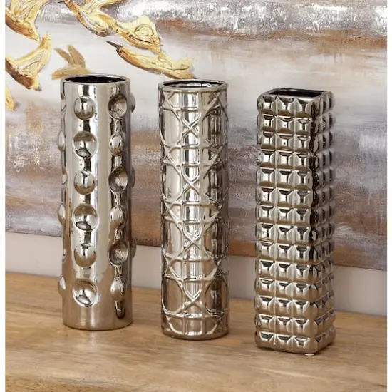 12" Silver Ceramic Glam Vase Set {8}