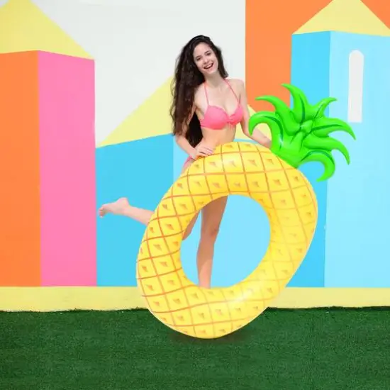 72" Yellow Pineapple Inflatable Tube Ring Swimming Pool Float {7}