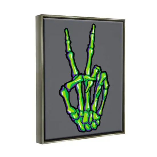 Stupell Industries Green Skeleton Peace Hand Framed Floater Canvas Wall Art Gray {4}
