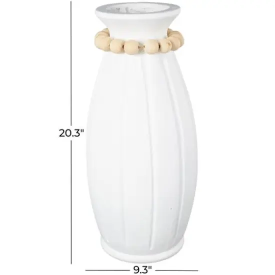 20" White Magnesium Oxide Decorative Vase with Light Brown Beads & Carved Grooves {8}