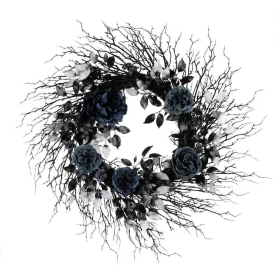 24" Halloween Moody Blue Rose & Twig Wreath {1}