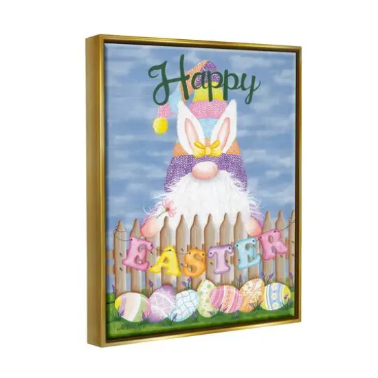 Stupell Industries Happy Easter Garden Gnome Eggs Floater Framed Art Gold {4}