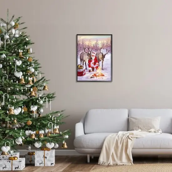 Stupell Industries Santa & Reindeer Bonfire Scene Framed Giclee Art Black {3}