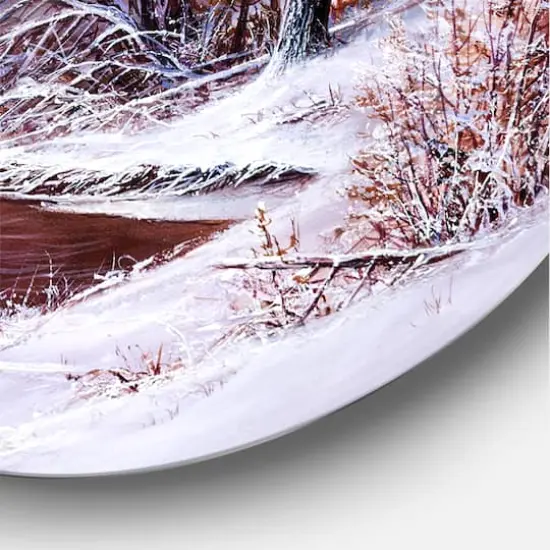 Designart - Christmas Forest With River and Trees II - Traditional Metal Circle Wall Art {5}