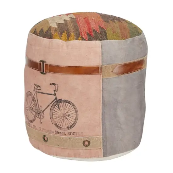 Multi Colored Cotton and Leather Bohemian Pouf, 19" x 17" x 17" {3}