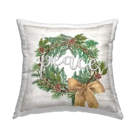 Stupell Industries Holiday Botanical Wreath Bow Peace Throw Pillow {1}