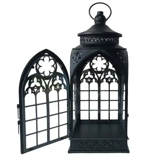 15.25" Black Cathedral Metal & Glass Lantern by Ashland&reg; {4}