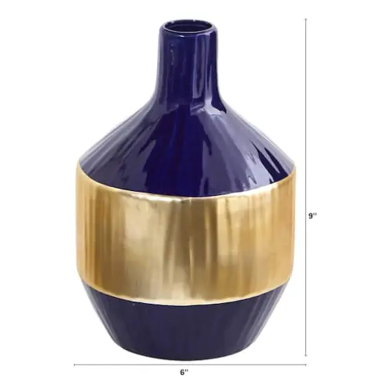 9" Lux Blue Ceramic Vase with Gold Band {3}