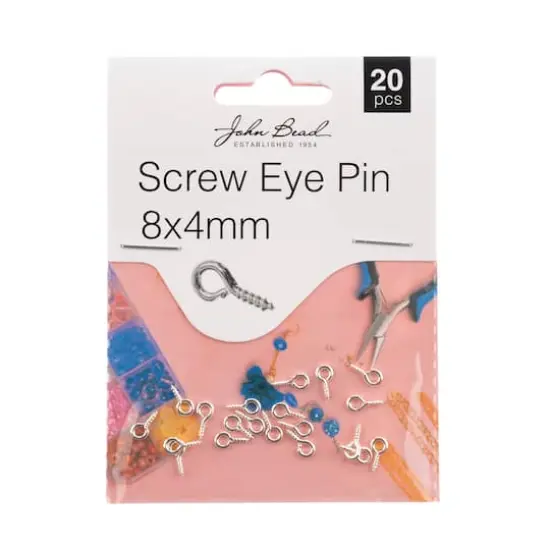 John Bead Must Have Findings 8mm x 4mm Screw Eye Pins, 20ct. Silver {4}
