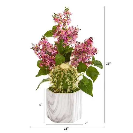 18" Lilac and Cactus Artificial Arrangement in Marble Vase {3}