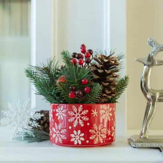 Christmas Mix In 5" Red Snowflakes Ceramic Pot {4}