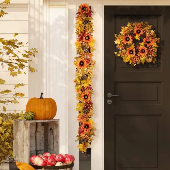 Glitzhome&reg; 6ft. Fall Sunflower, Maple Leaf & Berry Garland {6}