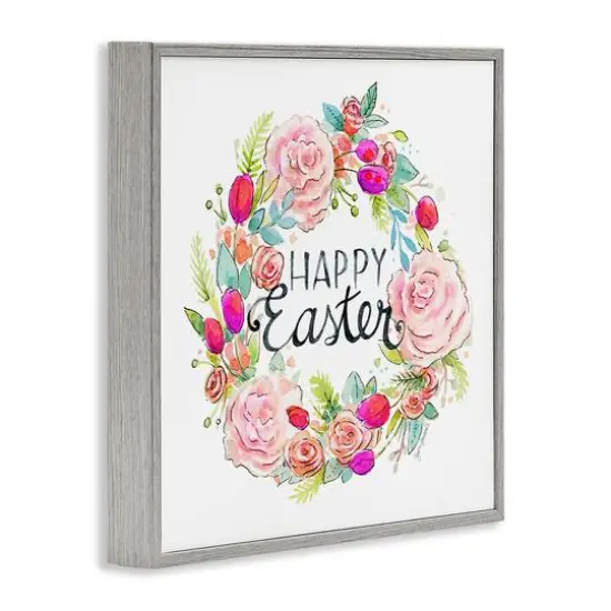 Stupell Industries Happy Easter Vivid Pink Floral Blossom Border Framed Giclee Art Gray {4}