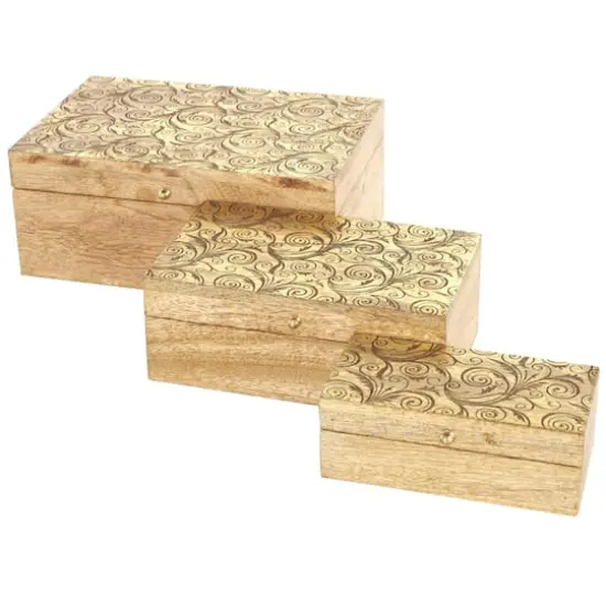 Brown & Gold Mango Wood Scroll Storage Box Set {1}