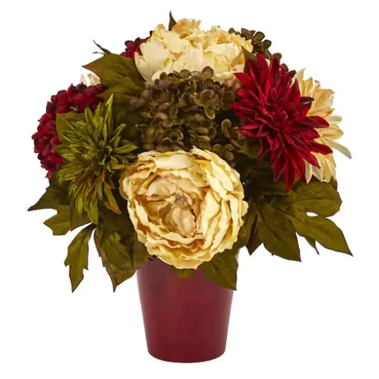 14" Peony, Hydrangea & Dahlia Arrangement in Burgundy Vase {1}