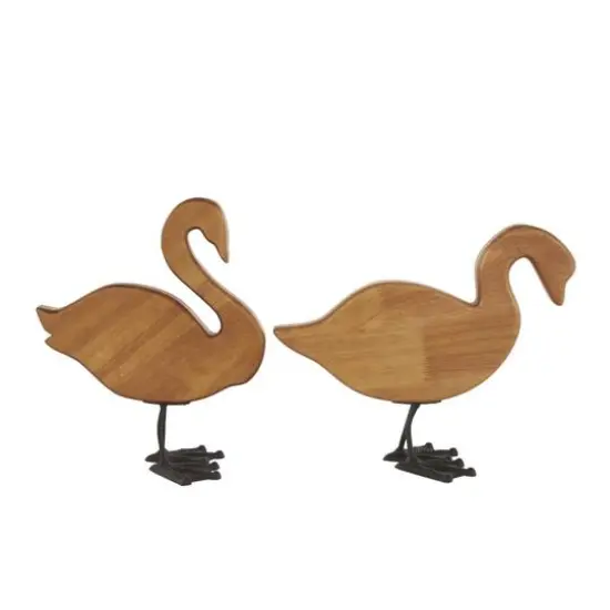 Brown Abstract Minimalistic Wood Swan Sculpture Set {7}