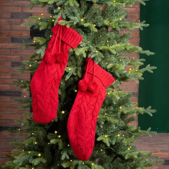 Glitzhome&reg; 24" Red Knitted Polyester Christmas Stocking with Pom Pom, 2ct. {4}