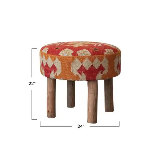 Hello Honey&reg; 24" Round Orange Cotton & Wool Kilim Stool with Natural Wood Legs {5}