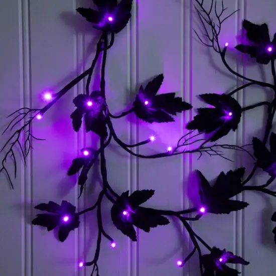 6.5ft. Pre-Lit Artificial Halloween Black Maple Garland with 48 Orange & Purple LED Lights {8}