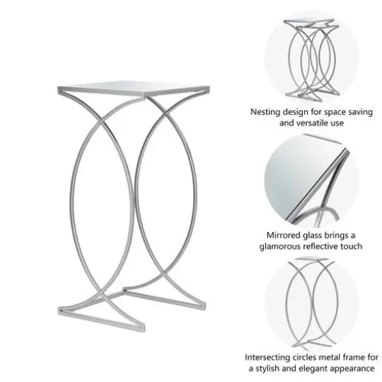 Glitzhome&reg; Metal Tall Accent Table with Glass Top Set Silver {5}