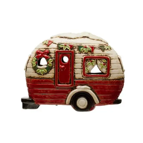 Hello Honey&reg; 7.25" Red, Cream & Green Hand-Painted Stoneware Camper with LED Lights & Reactive Glaze {1}