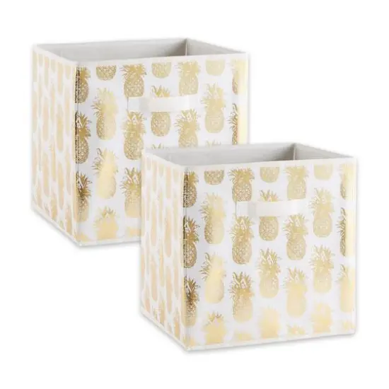 DII&reg; 13" Nonwoven Polyester White & Gold Pineapple Storage Cube, 2ct. {1}