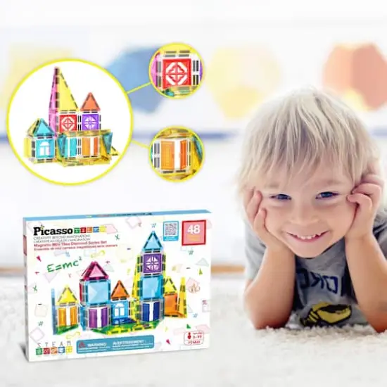 PicassoTiles® 48-Piece Mini Diamond Magnetic Tiles Series Set {6}