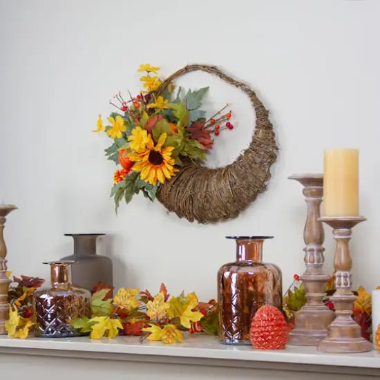 20" Cornucopia with Sunflower & Pumpkins Wreath {3}