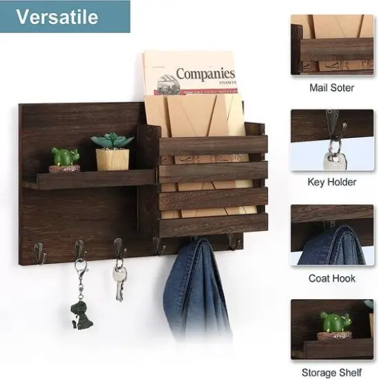 NEX&trade; Rustic Brown Wall-Mounted Mail Envelope Organizer with Key Hooks {5}
