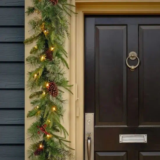 9' x 10" Pre-lit Feel Real&reg; Artificial Christmas Colonial Garland with 15 Pine Cones, 15 Red Berries and 50 Dual Color&reg; Battery Operated LED Lights w/Timer-9 Functions {3}