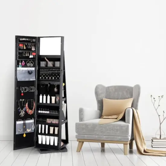 NEX&trade; Black 360 Degree Rotatable Jewelry Armoire with Free-Standing Mirror {6}