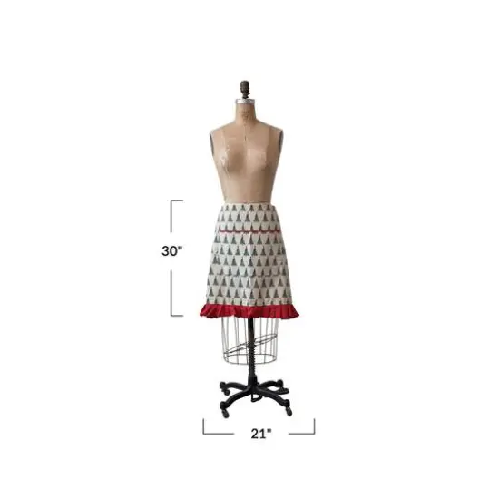 Hello Honey&reg; Natural, Green & Red Cotton Printed Half Apron with Christmas Tree Pattern, Pocket & Ruffle {5}