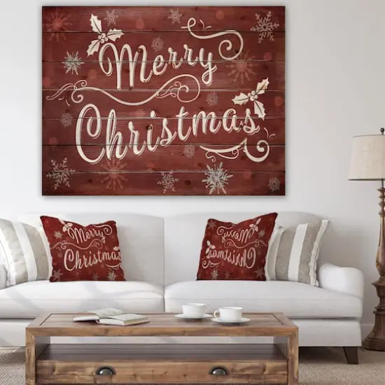 Designart Merry Christmas on Red Print on Natural Pine Wood {6}
