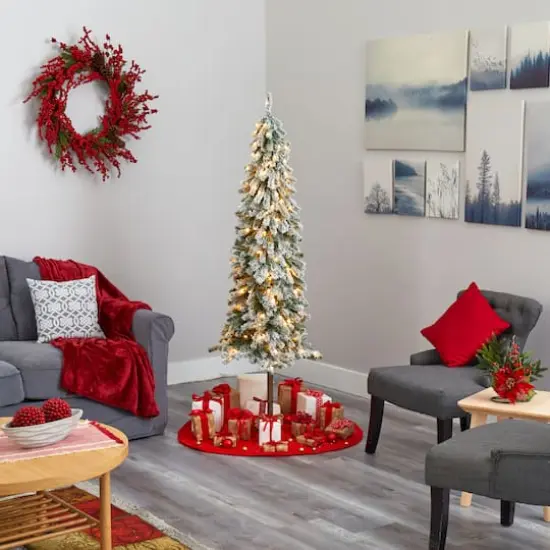 6ft. Pre-Lit Flocked Alpine Artificial Christmas Tree, Clear LED Lights {3}