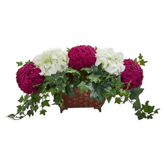 3ft. Mum & Hydrangea Artificial Arrangement in Metal Planter {1}