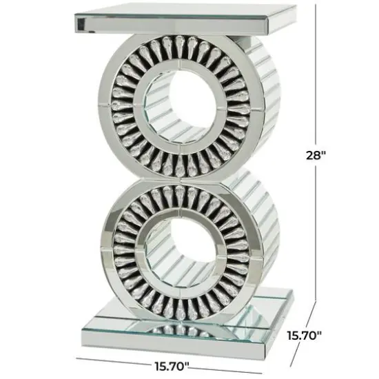 Silver Wood Mirrored Accent Table with Crystal Embellishment 16" x 16" x 28" {6}