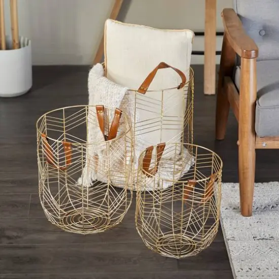CosmoLiving by Cosmopolitan Gold Metal Storage Basket with Faux Leather Handles Set of 3 16", 14", 12" {8}