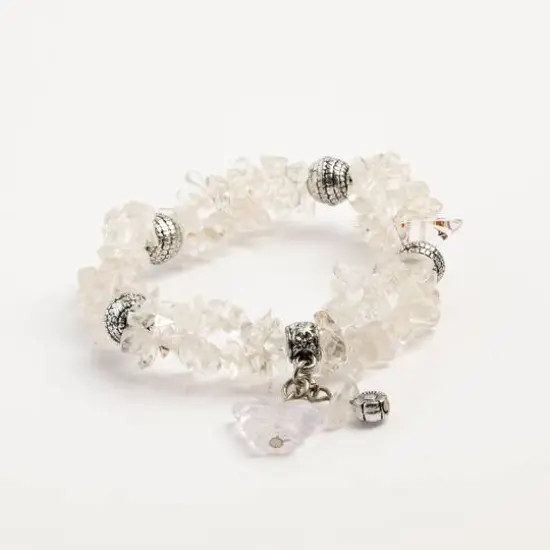 John Bead Crystal Quartz Clear Natural Stone 2-Strand Bracelet with Butterfly Charm {4}