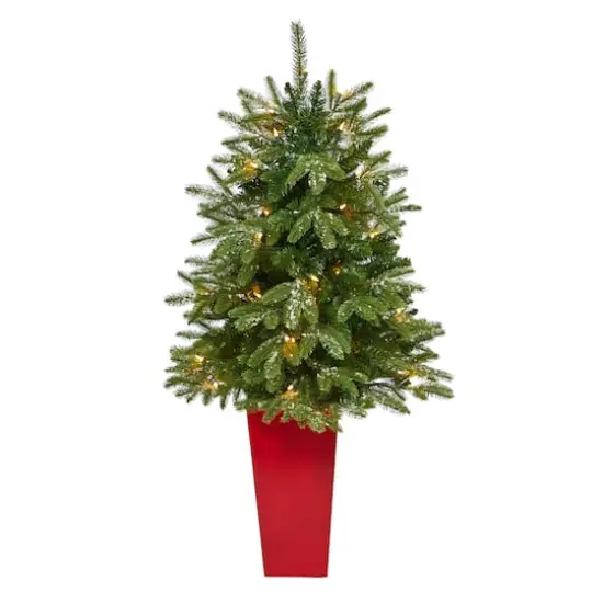3.5ft. Pre-Lit Snowed Grand Teton Fir Christmas Tree in Red Planter {1}