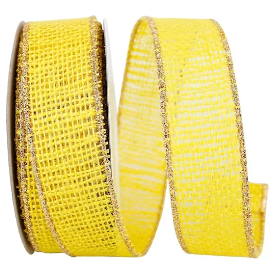 JAM Paper 1.375" x 10yd. Burlap Wired Gold Edge Ribbon Yellow {1}